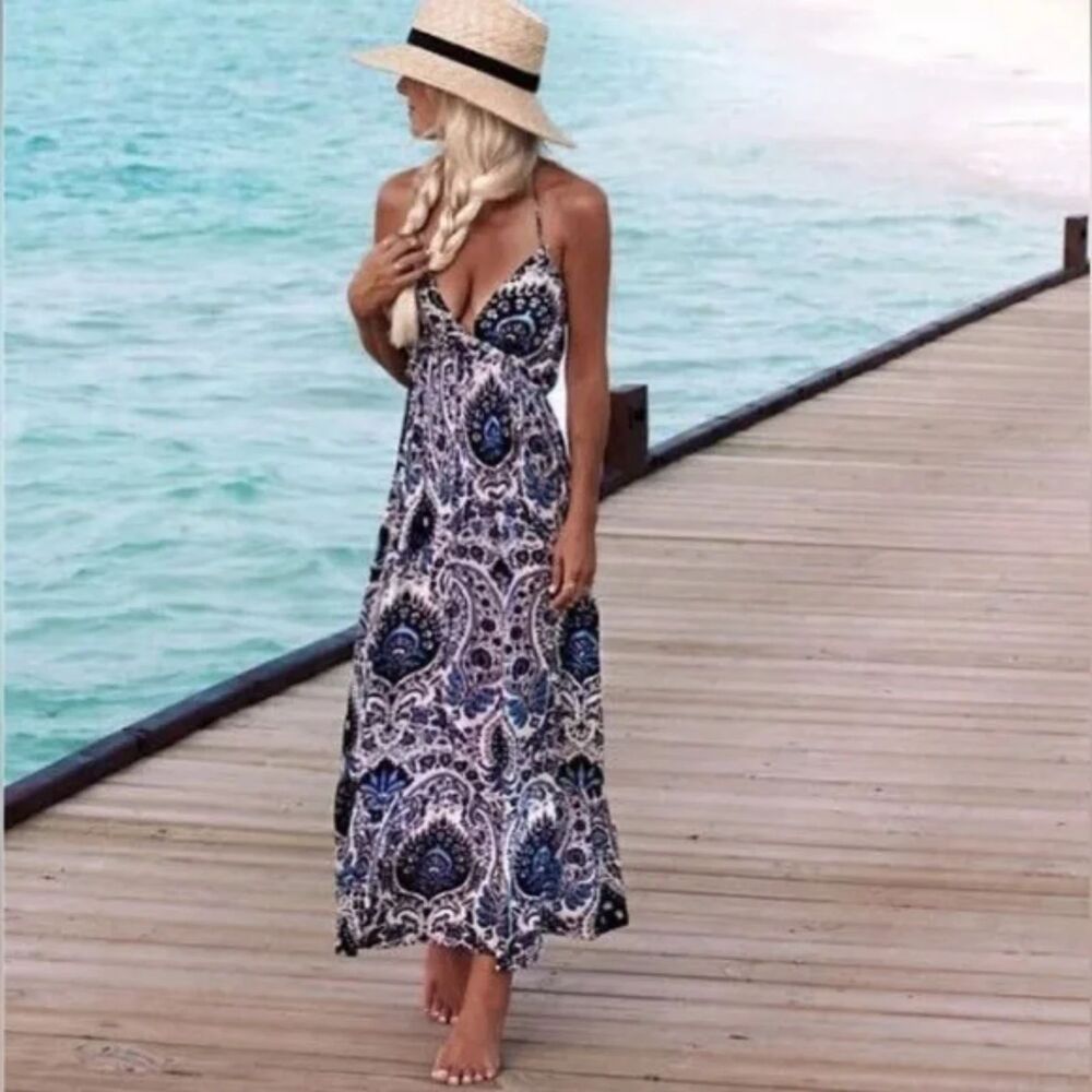 LE SALTY LABEL Blue Purple White Paisley Halter Top High Low Midi Dress M Medium